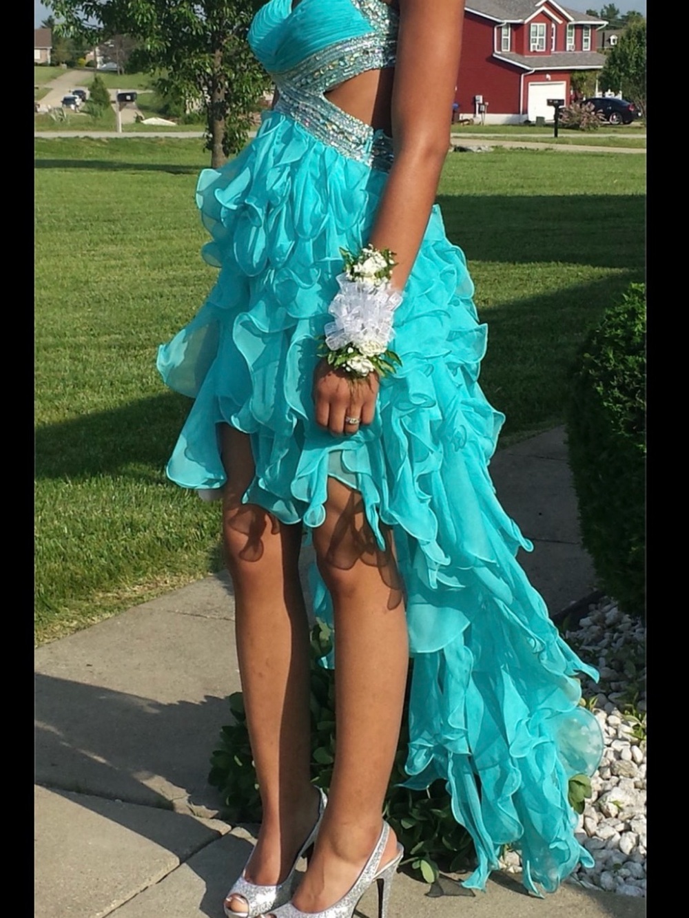Aqua Ruffled High-Low Formal Dress with Beaded Waist